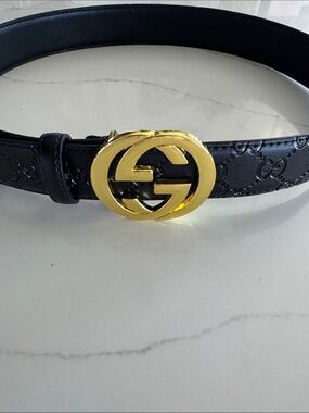Inspired Black Embossed GG Belt with Gold Double G Buckle - 90cm